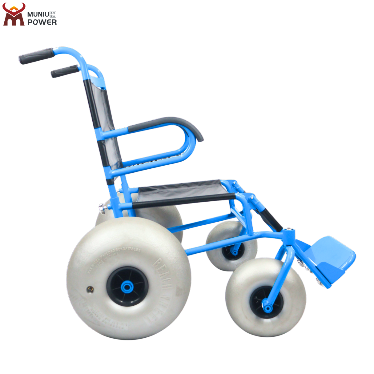 MN-BW01 MUNIU All-terrain Adult Beach Wheelchair for Sale with Balloon Tires for Soft Sand